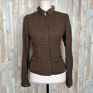 Tahari XS Brown Tweed Wool Velvet Collar Snap Blazer Jacket Vintage Victorian